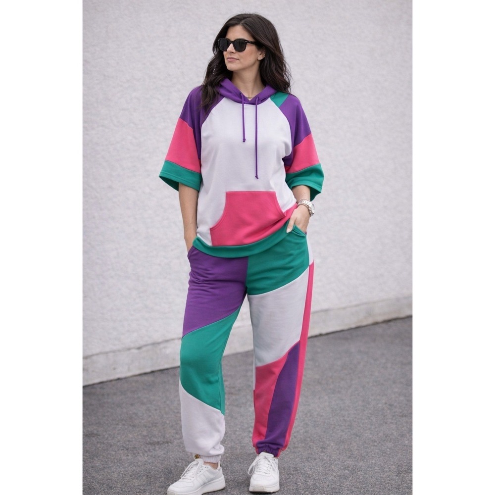 Ashley Stewart Womens Colorblock Tracksuit Set Short Sleeve Hoodie Joggers 14/16 - Picture 2 of 16